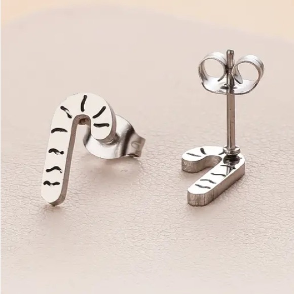 Candy Cane Laser Cut Silver Toned Christmas Holiday Stud Earrings - Picture 2 of 2